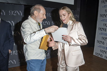 (L-R) Gary Gershoff and Emily Blunt attend a discussion of the film "Oppenheimer" at the 92nd Street Y in New York City.