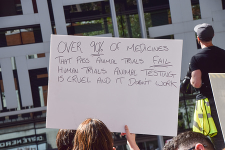 A protester holds a placard critical of the efficacy of animal testing during the demonstration outside the Home Office. Hundreds of animal rights activists took part in the World Day For Animals In Laboratories march, demanding an end to experiments on animals.