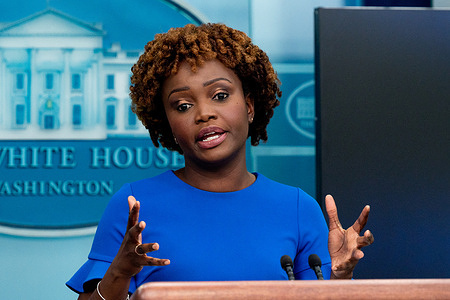 White House Press Secretary Karine Jean-Pierre speakS at a press briefing in the White House Press Briefing Room.