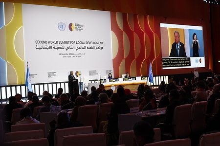 United Nations Secretary-General Antonio Guterres speaks at the Second World Summit for Social Development, focusing on advancing social development and reaffirming commitments to the Copenhagen Declaration.