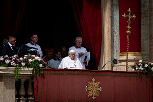 Vatican City, Vatican - 20/04/2025 12:03:49: Pope Francis arrives to deliver his traditional ‘Urbi et Orbi’ Blessing from the balcony of St. Peter's basilica overlooking St. Peter's Square in Vatican City.