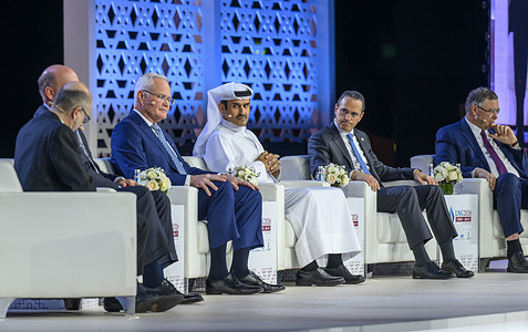 ( L to R) Michael Stoppard, Principal - Stoppard Energy, Ryan Lance, Chairman and CEO - ConocoPhillips, Darren Woods, Chairman and CEO - ExxonMobil, Saad Sherida Al-Kaabi, Minister of State for Energy Affairs of Qatar and President and CEO of QatarEnergy, Wael Sawan, CEO - Shell, Patrick Pouyanne, Chairman and CEO - TotalEnergies SE attend the opening plenary panel session of the 21st International Conference and Exhibition on Liquefied Natural Gas (LNG2026) at the Qatar National Convention Centre (QNCC).