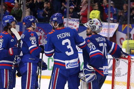SKA Hockey Club player, Dmitry Nikolayev (No.70), Andrei Pedan (No.3) seen in action during the Kontinental Hockey League, Gagarin Cup, match 2, final of the Western Conference season KHL 2022 - 2023 between SKA Saint Petersburg and CSKA Moscow at the Ice Sports Palace. (Final score; SKA Saint Petersburg 2:1 CSKA Moscow).