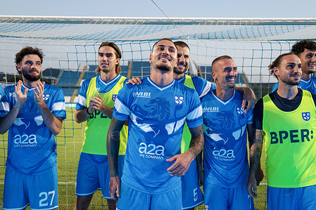 Union Brescia players seen celebrating their victory at the end of the match during Italian Serie C 2026/2027 football match between Union Brescia and Giana Erminio at Mario Rigamonti Stadium. Final score; Union Brescia 5:2 Giana Erminio.