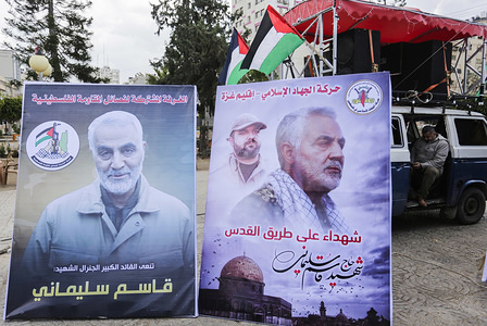 Placards with pictures of Qassem Soleimani, the Iran's head of the Quds Force who was killed during the US air strike are seen during the event in Gaza City.