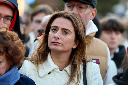 Marine Tondelier, National Secretary of the political party "Les Ecologistes" (The Greens) attends during the march. A silent march in Marseille to pay tribute to Mehdi Kessaci took place, at the site of the tragedy where he was killed. Participants were asked to wear white to support the family and express their rejection of drug trafficking. The march was a moment of mobilization to demand justice for Mehdi Kessaci and to defend the values of the Republic.