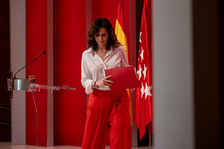 Isabel Díaz Ayuso, President of the Community of Madrid, speaks during a press conference at the Community headquarters in Puerta del Sol.