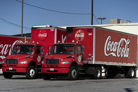 Coca-Cola delivery trucks seen in Los Angeles, California.