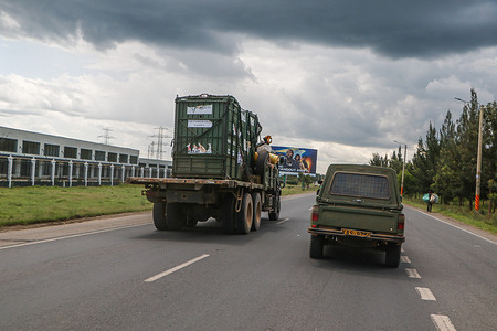 A truck carrying rhinos is seen during their translocation from Lake Nakuru National Park to the privately run Segera Conservancy in Laikipia. Kenya Wildlife Service working with wildlife stakeholders has been relocating rhinos to ease congestion at the park and other conservation areas.
