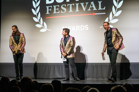 Brian Rosenthal, Corey Lubowich, Joey Richter (Tin Can Brothers) perform during the Buffer Festival Gala Awards Show. Buffer Festival in Toronto is an annual celebration of digital storytelling, where creators showcase their diverse and innovative content across various genres, from short films to web series. The festival serves as a dynamic platform for the creative community to connect, inspire, and engage with audiences.