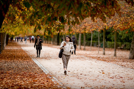 A woman walks along a path reading her phone at Retiro Park, Madrid. The leaves begun to fall, heralding the arrival of autumn.