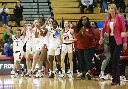 Oklahoma University celebrates beating Florida Gulf Coast University during an NCAA women’s basketball tournament game at Simon Skjodt Assembly Hall. OU beat FGCU 73-70.