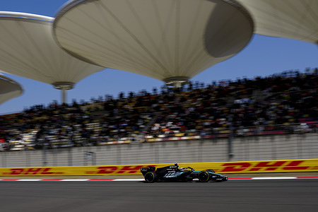George Russell of Great Britain driving the (63) Mercedes AMG Petronas F1 Team W17 on track during the practice ahead of the F1 Grand Prix of China at Shanghai International Circuit.