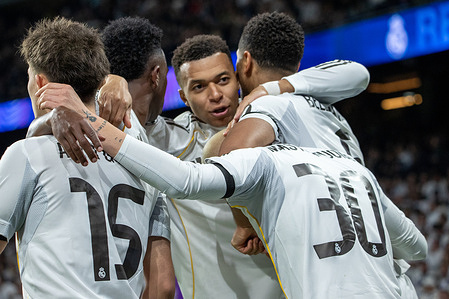 Kylian Mbappé (C) of Real Madrid celebrates a goal during the UEFA Champions League match between Real Madrid and AS Monaco played at the Santiago Bernabéu Stadium. 
Final score: Real Madrid 6 - 1 AS Monaco.