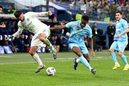 Klisman Cake (5) of Akmat, Jhon Duran (9) of Zenit seen in action during the Russian Premier League football match between Zenit Saint Petersburg and Akhmat Grozny at Gazprom Arena. Final score; Zenit 2:0 Akhmat.