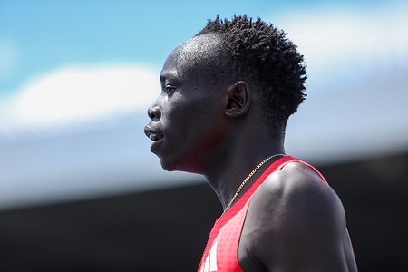 Gout Gout seen after his 100m heat run during the Queensland Championships at Queensland Sport and Athletics Centre. The 17 year old was competing in the under 20. Gout went on to win the final in 10.39 and subsequently ran a world best 19.98 (wind assisted) in the 200m.