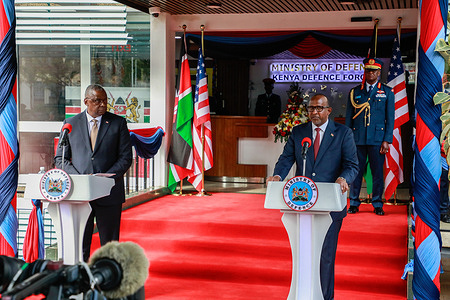 United States Secretary of Defence Lloyd J. Austin with his Kenyan counterpart Defence cabinet secretary Aden Duale attend a joint press conference after signing a Cooperation Agreement at the Defence headquarters in Nairobi.