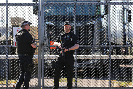 Armed police at gate 8 oversee trucks leaving at Lakenheath. RAF Lakenheath has been being used for transiting planes on their way to war. Over 100 fighter jets have left RAF Lakenheath for the Middle East since January according to Lakenheath Alliance for Peace. At least one F-15 jet from Lakenheath was reportedly among those which crashed in Kuwait at the beginning of the war. The major US air base in Suffolk hosts the United States Air Force Europe 48th fighter wing (Liberty Wing).