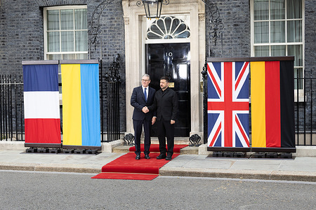 UK Prime Minister Keir Starmer greets President of Ukraine Volodymyr Zelenskyy at No.10 Downing Street.