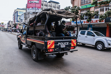 Anti-riot police patrol the streets on Tom Mboya Avenue during the first anniversary of anti-government demonstrations. Nationwide protests to mark one year since the historic youth led demonstrations popularly known as GEN-Z kicked off today with renewed demands for justice for more than 60 young people killed and others who went missing after storming Parliament in defiance of the widely opposed finance bill.