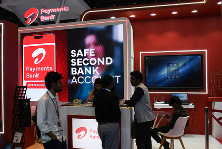 People are seen standing at 'Airtel Payments Bank' stall on the last day of the sixth Global Fintech Fest (GFF) in Mumbai. The three day event held from 7-9th October 2025, a global platform to encourage major stakeholders of Fintech firms, who gathered to share and exchange ideas, and innovation in banking, finance, artificial intelligence, digital payments, startups, and new technologies concluded on the last day with Indian Prime Minister Narendra Modi and United Kingdom Prime Minister, Keir Starmer addressing the delegates present at the event.
