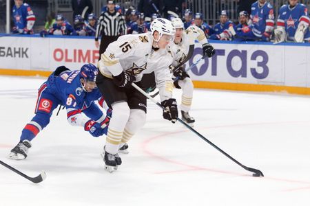 Nikolai Goldobin (87) of SKA and Mikhail Grass (15) of Admiral Hockey Club seen in action during the Hockey match, Kontinental Hockey League 2026/2027 between SKA Saint Petersburg and Admiral Vladivostok at the SKA Arena. Final score SKA Saint Petersburg 6 : 5 Admiral Vladivostok