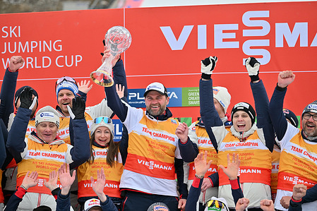 Nations Cup, Team Austria celebrate after the Men's Flying Hill HS240 round of the Viessmann FIS Ski Jumping World Cup.