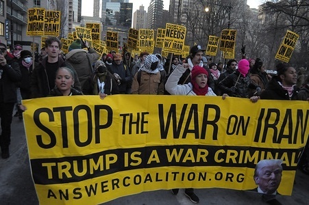 Demonstrators hold a banner and chant slogans during a march protesting war against Iran. Demonstrators rallied in New York City condemning the United States and Israel for launching airstrikes against Iran. The rally occurred as Iran has been launching retaliatory strikes against Israel and U.S. military bases in the Middle East. According to Iranian officials, Iran’s Supreme Leader Ali Khamenei was killed in the U.S., Israeli airstrikes.