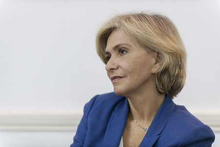 Valerie Pecresse seen talking to journalists before the meeting with the supporters.
Valerie Pecresse, President of the Île-de-France Region, is seeking the nomination of her party "Les Republicains" for the 2022 presidential election. A vote reserved exclusively for party members will take place on 4th December 2021 to determine the winner from the five candidates running for nomination.