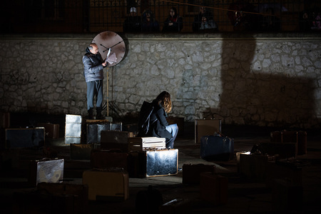 Polish actors seen during a performance against the raise of AntiSemitism in the Jewish quarter in Krakow. According to the organizers, the performance reminds the public of the dramatic events of March 1968 in Poland, when the Communist regime expeled thousands of Jews. The main task of the performance is to show the effects of anti-Semitic politics of nowadays, the realization that politicians have woken up cruel demons in the nation again - lack of tolerance, xenophobia, fear of strangers.