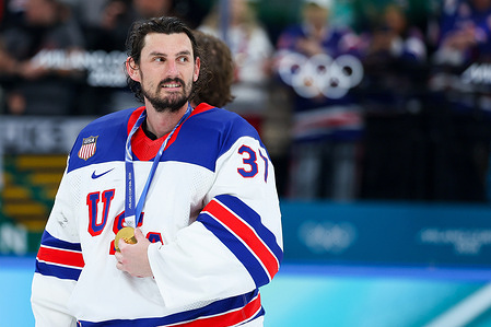 Connor Hellebuyck of United States of America celebrates during the Ice Hockey Men Final Gold Medal Game between Canada and United States of America of the Milano Cortina 2026 Winter Olympics at Milano Santagiulia Ice Hockey Arena in Milan