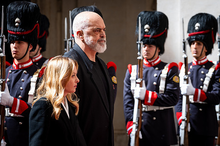 Italian Prime Minister Giorgia Meloni receives the Prime Minister of the Republic of Albania, Edi Rama, at Palazzo Chigi.