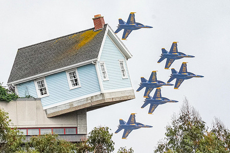 Six U.S. Navy Blue Angels jets fly in formation over the UC San Diego campus, passing above the iconic Fallen Star installation, at the University of California. The flyover was during the performance for the 2025 MCAS Miramar Air Show that hosted by The U.S. Marine Corps.