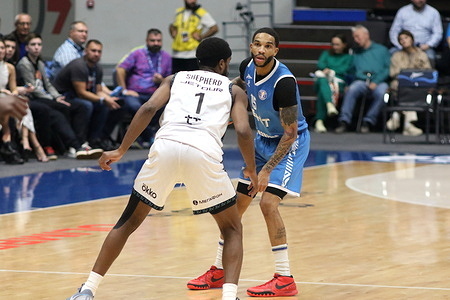 Xavier Moon (15) of Zenit and Casey Shepherd (1) of Pari Nizhny Novgorod in action during the VTB United League basketball match, Regular Season, between Zenit Saint Petersburg and Pari Nizhny Novgorod at "kck Arena". Final score; Zenit 81:78 Pari Nizhny Novgorod.