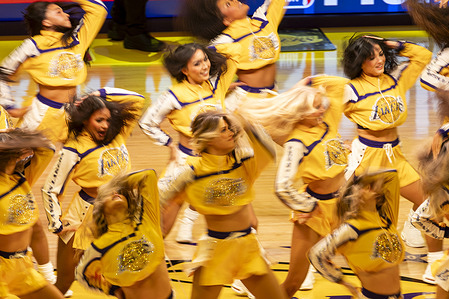 Los Angeles Lakers cheerleaders perform during an NBA basketball game against the Denver Nuggets at Crypto.com Arena. Final score Lakers 120 : 108 Nuggets