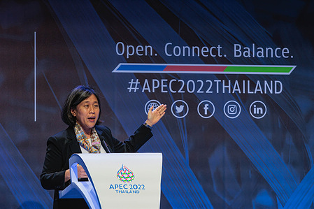Katherine Tai, United States Trade Representative speaks to the media during the APEC 2022 held at Queen Sirikit National Convention Centre (QSNCC) in Bangkok.