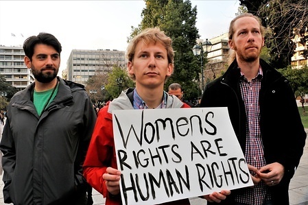 Male participants seen joining the march with placards.
Democrats abroad demonstrate in Athens as part of the Women's March 2018 in support of women, lesbians gay bisexual transgender, the climate change, and refugees rights. They condemned the policies of American president Donald Trump