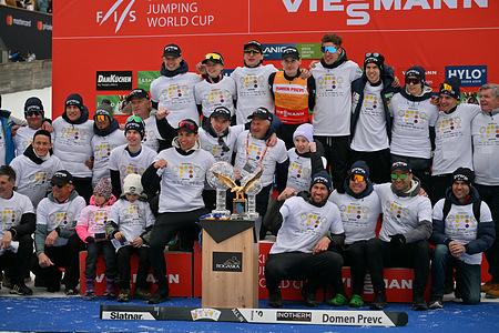 Slovenian team celebrate Domen Prevc season achievements after the Men's Flying Hill HS240 round of the Viessmann FIS Ski Jumping World Cup.