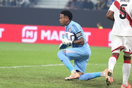 Pedro David Gallese Quiroz (1) of Peru seen during the BetBoom friendly soccer match between Russia and Peru at the Gazprom Arena. Final score Russia 1 : 1 Peru.