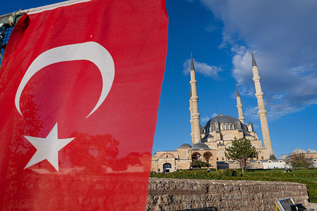 The Ottoman imperial Selimiye Mosque with the Turkish national flag built by Mimar Sinan famous Islamic architect of the 16th century.