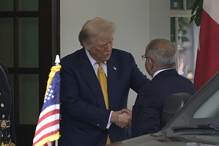 US President Donald Trump greets the Crown Prince and Prime Minister of the Kingdom of Bahrain Salman bin Hamad Al Khalifa before the bilateral meeting at West Portico/White House in Washington DC, USA.