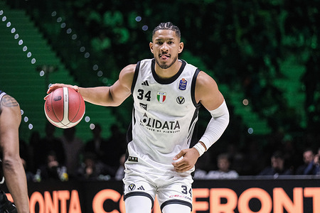 Karim Jallow of Virtus Olidata Bologna seen in action during the Semi-Final match between Bertram Derthona Tortona and Virtus Olidata Bologna at the Frecciarossa Final Eight 2026, held at Inalpi Arena. Bertram Derthona Torton wins against Virtus Olidata Bologna with a score 84-78.
