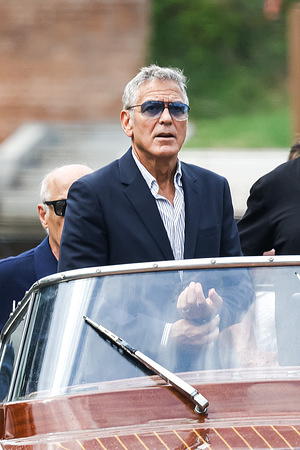 George Clooney seen arriving on a boat at the Hotel Excelsior pier during the 82nd Venice International Film Festival (Mostra Internazionale d'Arte Cinematografica).