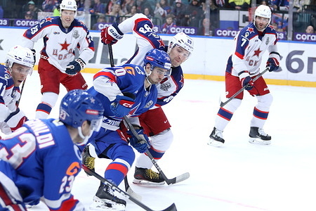 Joseph Blandisi (10) of SKA, Nikita Nesterov (89) of CSKA Hockey Club seen in action during the Hockey match, Kontinental Hockey League 2025/2026, Gagarin Cup 1/8 finals, 3 match, between SKA Saint Petersburg and CSKA Moscow at the Ice Sports Palace. (Final score; SKA Saint Petersburg 1:0 CSKA Moscow).