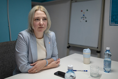 Russian politician Yekaterina Duntsova meets with party members at the St. Petersburg office of her newly founded party, Rassvet ("Dawn"). Duntsova gained public attention after announcing her intention to run for President of the Russian Federation in the March 2024 elections.