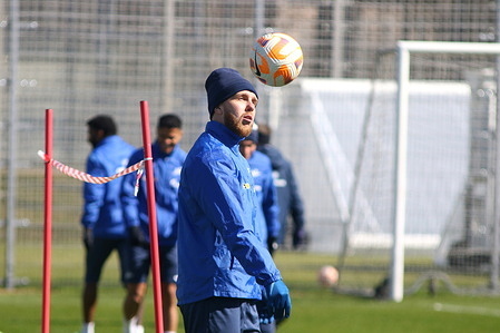 Ivan Sergeev (33), a football player of Zenit Football Club at a training session open to the media in Saint Petersburg, before the match of the 23rd round of the Russian Premier League, Rostov - Zenit St. Petersburg.