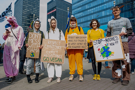 A group of people are seen dressed like animals and holding placards during the demonstration.
Thousands of people gathered as always at the Brussels North station to demand a declaration of a state of environmental emergency and a climate law to reduce C02 emissions by 55% by 2030, the climate as a top priority, the adoption of the Finance-Climate Pact, the respect of the Paris agreements and the protection of water and forests.