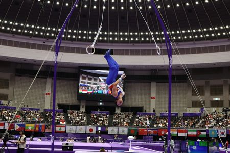 Kim Jaeho of Korea competes on the rings during the Men's Gymnastics Team Final at the 20th Asian Games in Aichi-Nagoya.