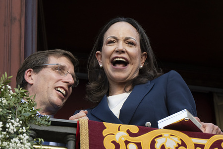 Maria Corina Machado, leader of the Venezuelan opposition and Nobel Peace Prize laureate, alongside Jose Luis Martinez-Almeida, mayor of Madrid, after receiving the Golden Key of Madrid during her visit to Spain.