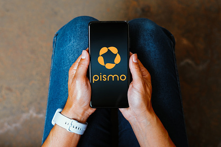 In this photo illustration, the Pismo logo is displayed on a smartphone screen.